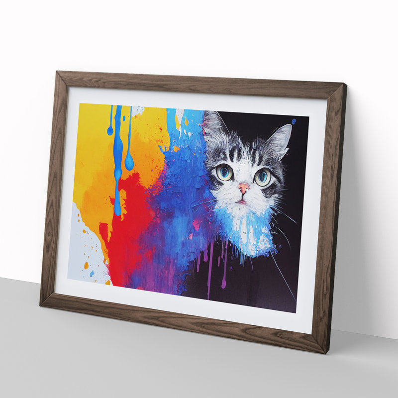 Cat in Paint Abstract - Framed Print, 34cm H x 46cm W x 2cm D, Walnut