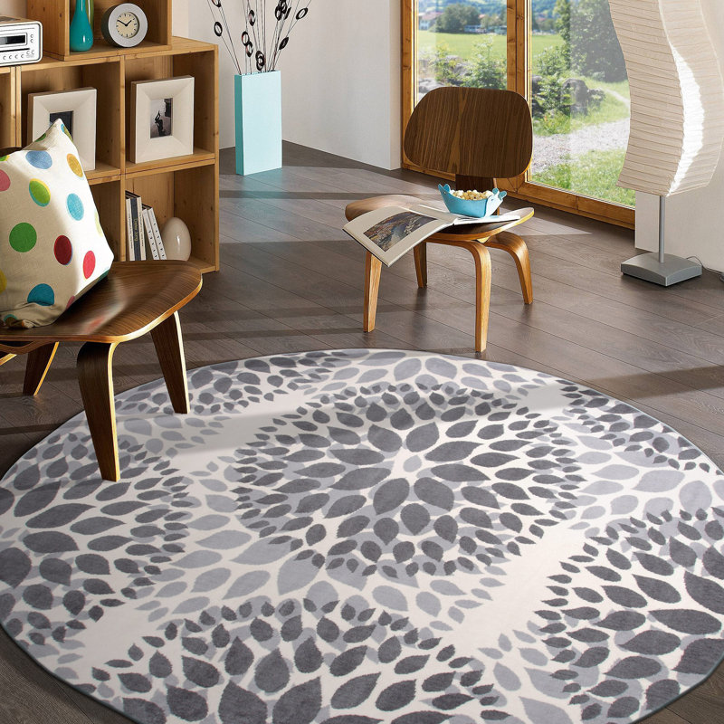 Floral Dark and Light Gray Area Rug, Round 6'6" 