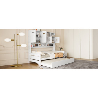 Twin Size Wooden Daybed With Twin Size Trundle, And All-In-One Cabinet And Shelf, White