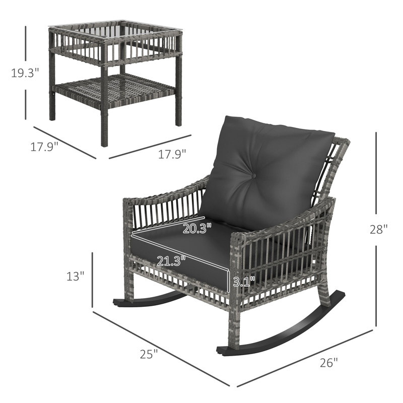Ensemble de chaises berçantes d'extérieur 3 pièces, chaises berçantes H 28 "avec coussins, table basse en verre H 19,3", gris