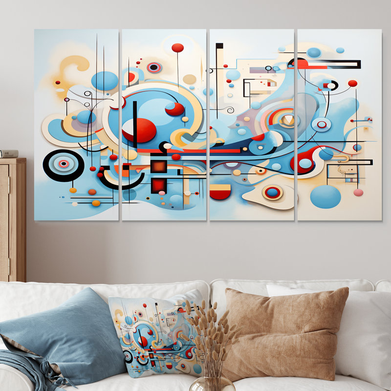 Mid-Century Symphony Blue Jazz I - décoration murale géométrique 4 pièces, H 28 po x l 48 po