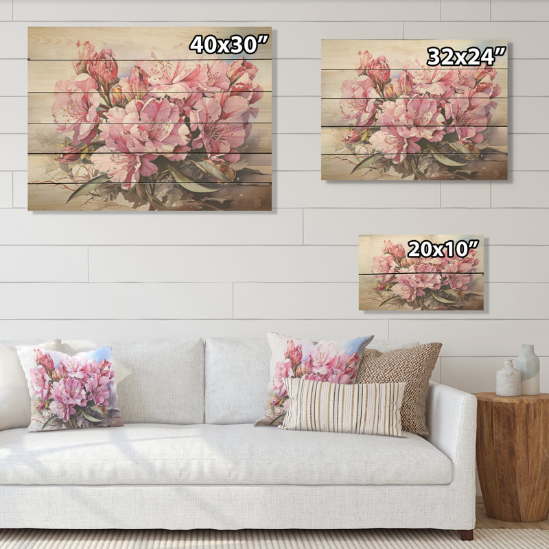 Rhododendron sur la plage - Art sur bois de pin naturel, H 30 po x l 40 po