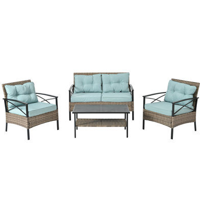 - Console de patio: 4 personnes avec table en métal et ambiance extérieure: coussins noirs