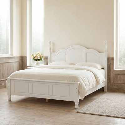 White Full Size Vintage Solid Wood Bed Frame, Curved Panel Headboard Platform Bed with Complete Wood Slat Base, No Foundation Needed, Stable Heavy Duty Bedroom Bed