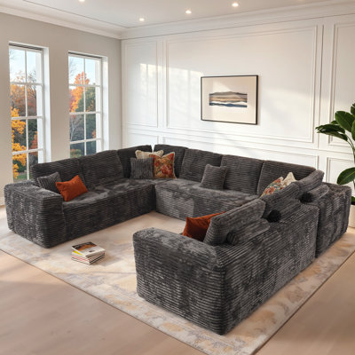 Koyu Boneless Cloudelle Compression Packed 5-Piece U-Shaped Plush Corduroy Sectional Sofa – Deep Seat, No Assembly