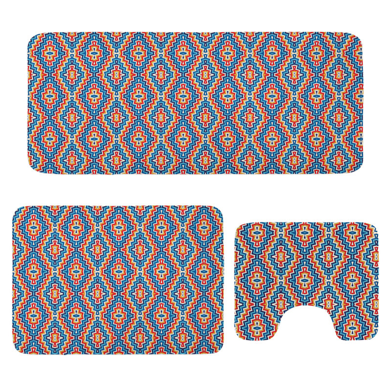  Tapis de salle de bain Ethnique 3 pièces en U et tapis rectangulaires bleu orange