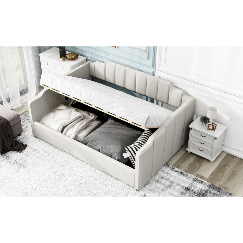 Lit de jour rembourré avec rangement sous le lit, blanc - lit élégant et confortable, lit double pleine grandeur, élégant et plateforme pour un salon fonctionnel