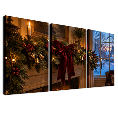 " Green Pine Garland With Red Velvet Bow Christmas " 3 Piece Art