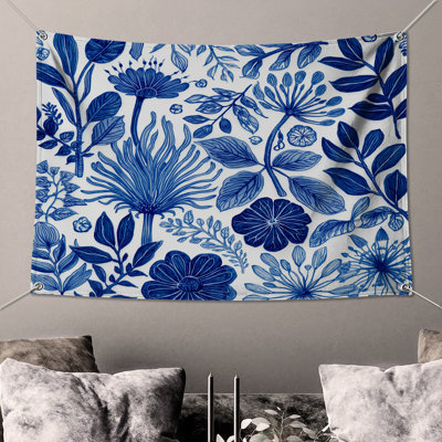Blue Botanical Illustration Wall Tapestry - Botanical Wall Decor