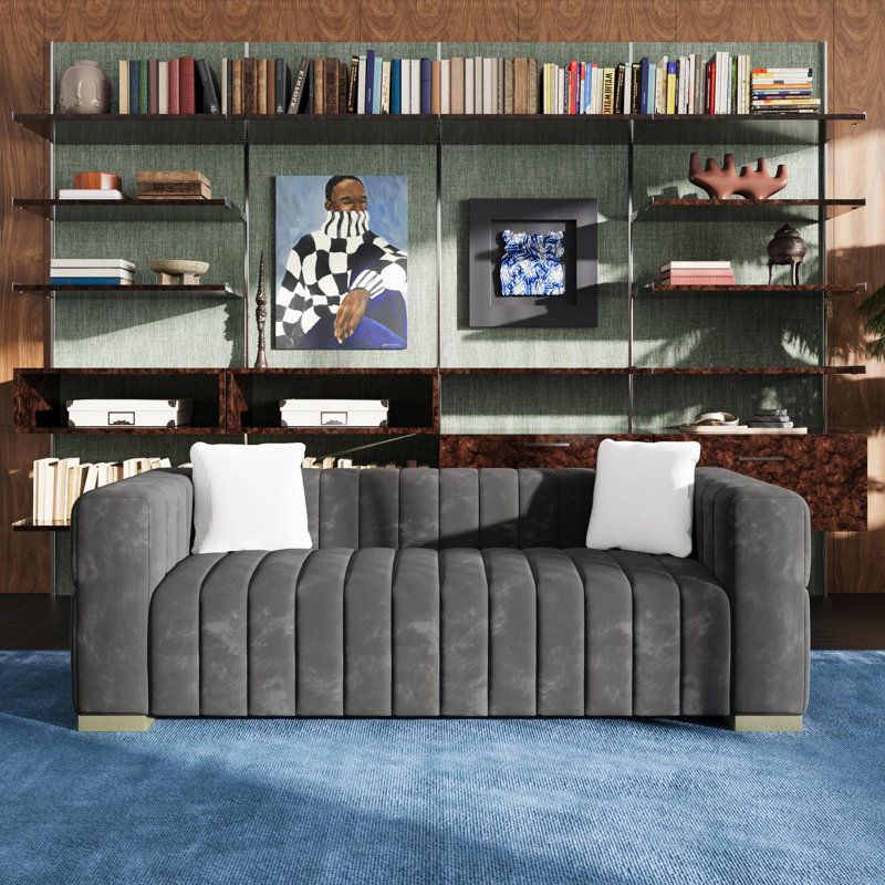 Charlesworth 82'' Velvet Square Arm Sofa with 2 Pillows, Modern Channel-Tufted Couch with Metal Legs, Luxury Wide Loveseat for Living Room, Gray