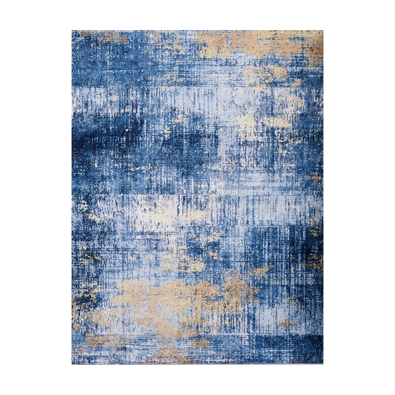 Tapis bleu antidérapant lavable abstrait 3 pi x 5 pi bleu et doré
