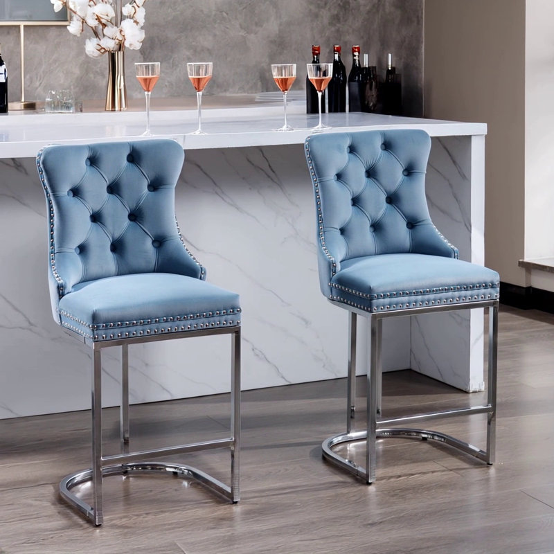 26" Counter Height Bar Stools Set Of 2, Light Blue Velvet