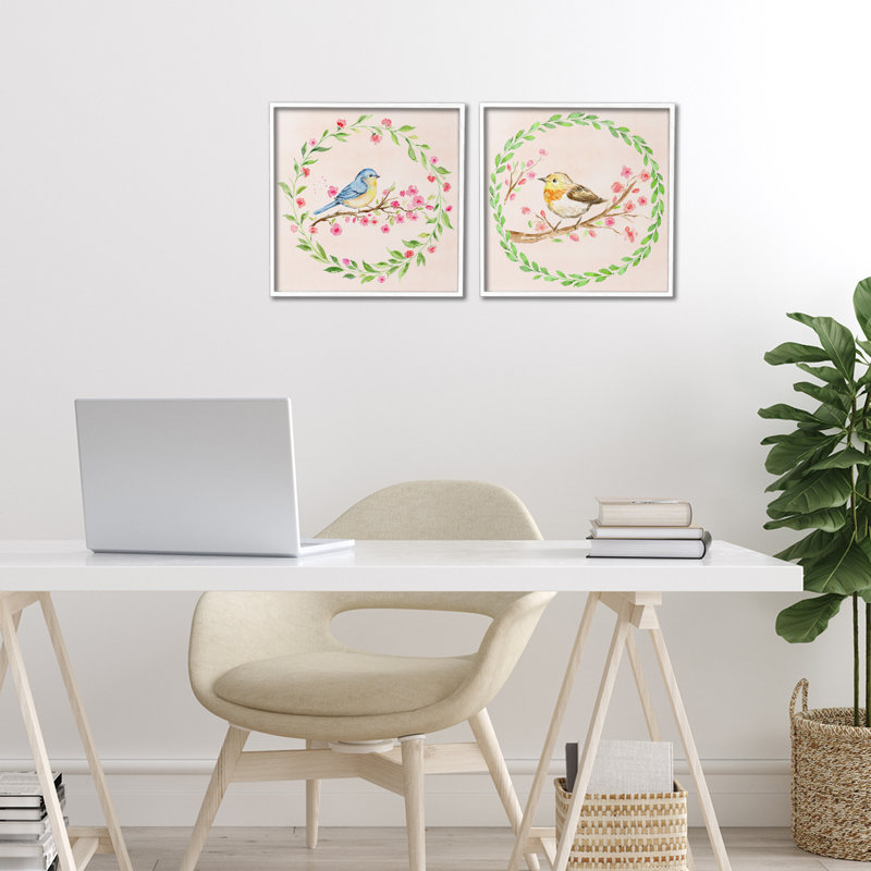 Ensemble de 2 giclées encadrées Spring Branches & Wreath Birds, par Elena Fay, H 12 po x l 12 po