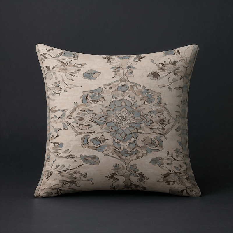 Coussin décoratif intérieur et extérieur Modern, Carré 16 po, Beige / bleu sauge / taupe damassé