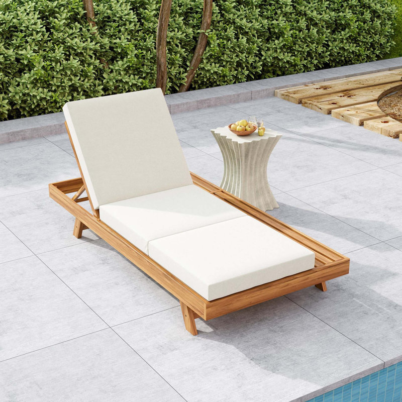 Lounge Chaise With Headrest, Acacia Wood,4"Thick, Cream