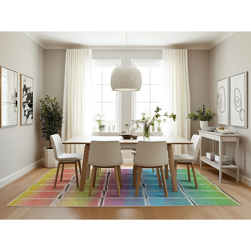 Tapis orange/bleu/zone jaune à motifs, Rectangle 7 pi x 10 pi
