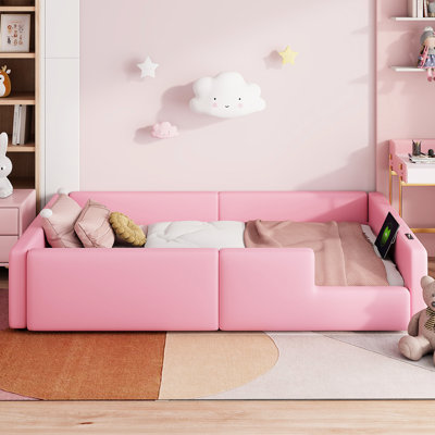 Pink Upholstered Twin Bed With Guardrail And Charging Station - Elegant Design, Reliable Size Platform Full Length + Pine Construction