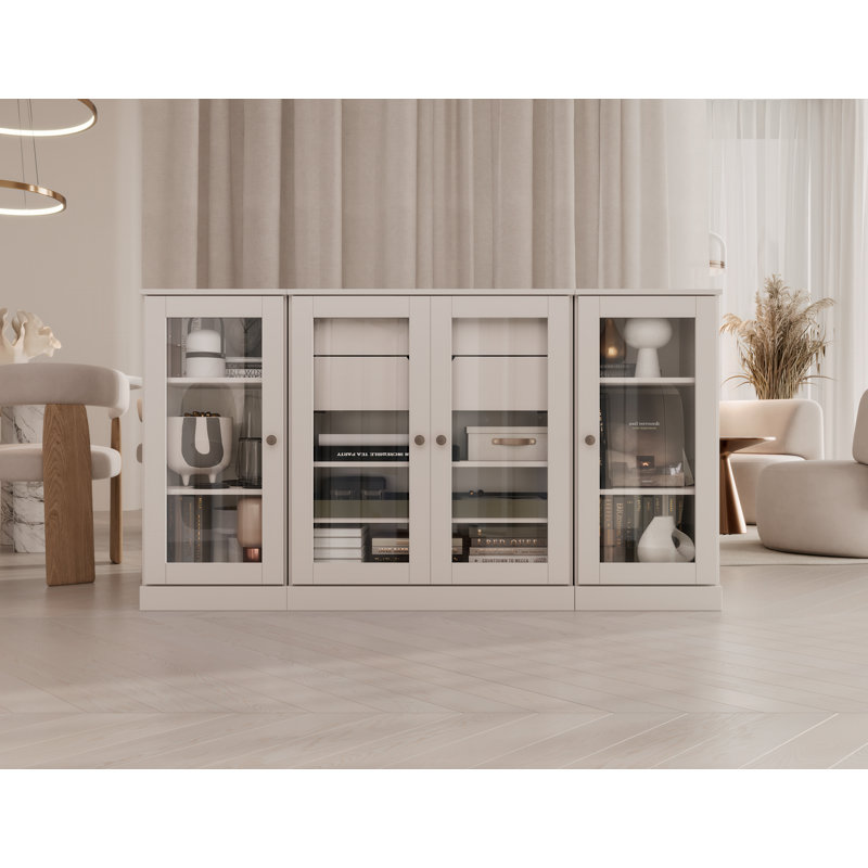 100% Solid Wood 65" Sideboard with Clear Glass Doors, 2-Drawers and Adjustable Shelves, White