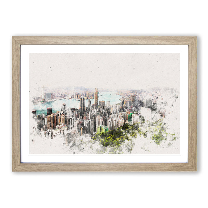Hong Kong Skyline - Picture Frame Painting Print, Oak Framed, 40cm H x 60cm W x 2cm D