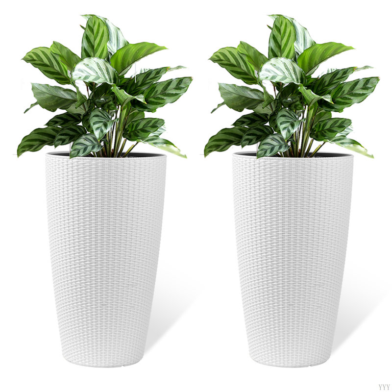 Set Of 2 Faux Rattan Tall Planters Outdoor Indoor Large Planters With Water Level Monitor Inner Bucket, Automatic Watering, Flower Plant Pots For Garden, Patio, Porch, Backyard (22 Inch )
