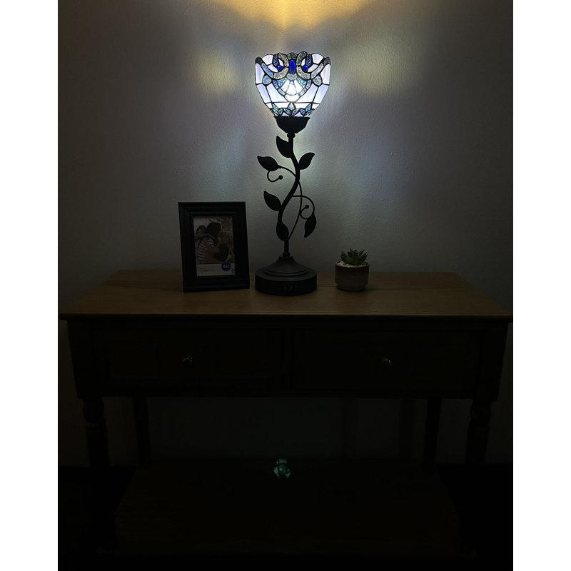 Simonetti Tiffany Torch Table Lamp Stained Glass Baroque Style USB Ports LED Bulb 6"W*6"D*20"H, Blue