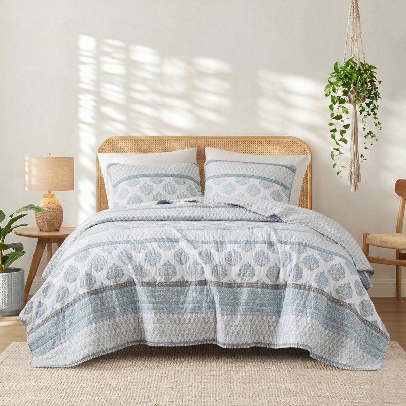 Ensemble de courtepointe matelassée 3 pièces en coton toutes saisons, format Aqua King/Cal King, Blue