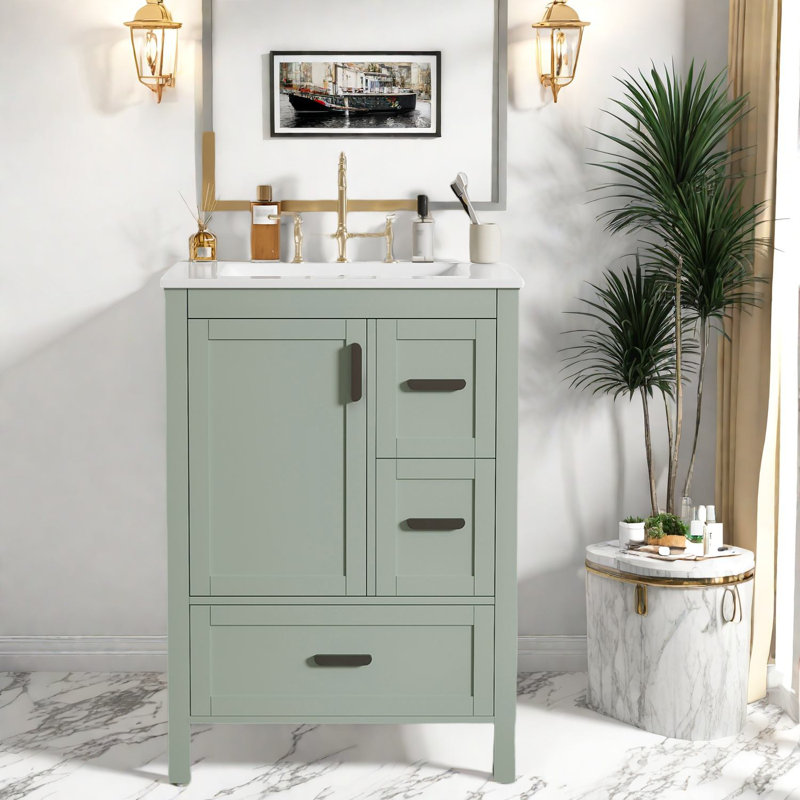 Meuble-lavabo moderne en bois vert avec lavabo en céramique pour espace compact