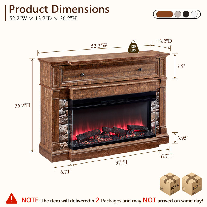 52" Tv Stand With Electric Fireplace With 3-Sided Glass, Brown