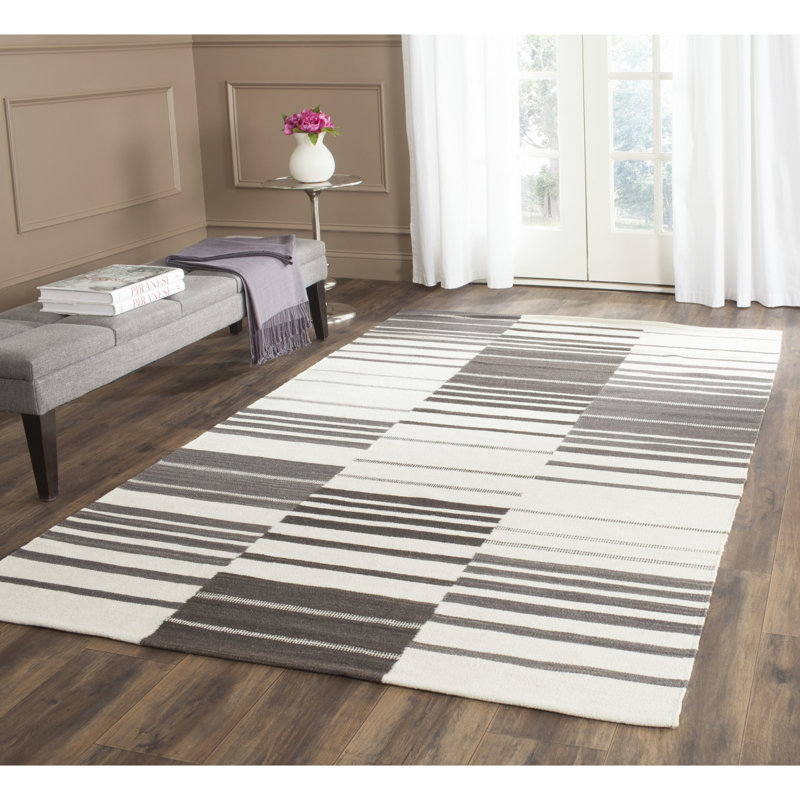 Kilim Hand Woven Flat Weave Wool/Cotton Striped Rug in Ivory/Brown, Rectangle 4' x 6'