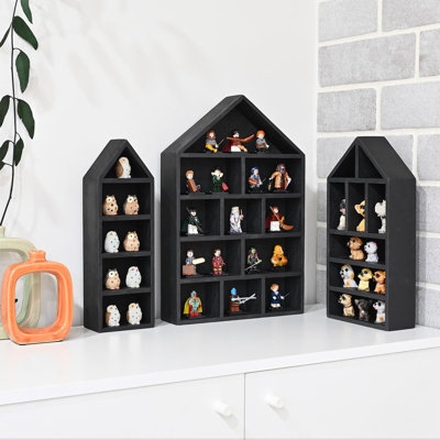 House-Shaped Wooden Shadow Cubby Box Display Shelf Organizer Storage Shadow Box For Mini Figures, Set Of 3, 10 W X 2 1/4 D X 15 H In, Black Colour