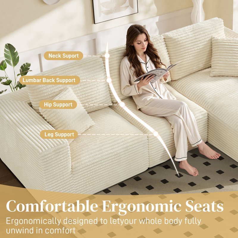 Canapé modulaire rembourré avec compression, Face à la droite, Velours côtelé beige