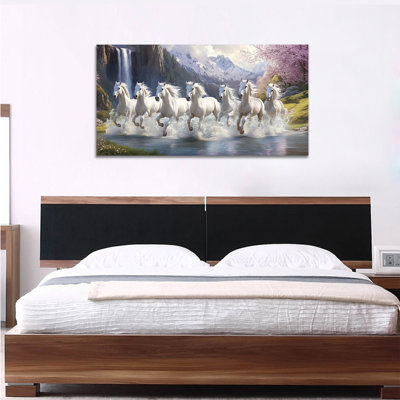 Art mural cheval GUTTATY, 7 chevaux qui courent, peinture Vastu avec cadre, décor mural de photos de chevaux pour le salon, 7 chevaux qui courent, grand cheval, affiche d'art encadrée pour chambre ou bureau, impression murale de chevaux rétro 20 x 40 pouces