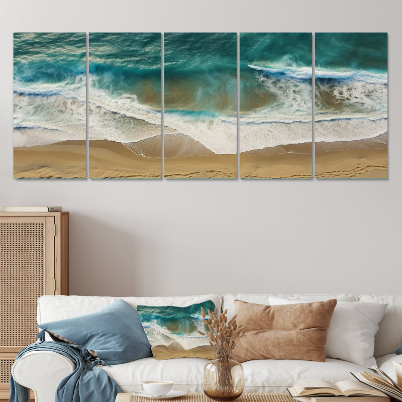 Vue aérienne de Tranquil Waves II - Coastal Beach, ensemble d'art mural 5 pièces, H 32 po x l 80 po