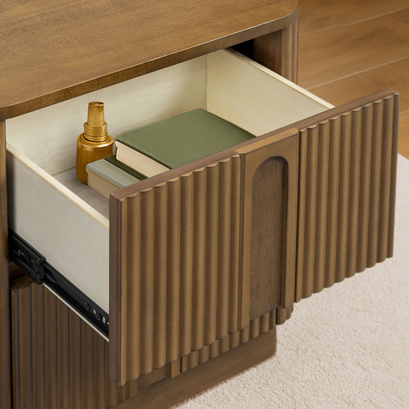 Potomac Reeding Pattern 2-Drawer Push-to-Open Nightstand with Solid Wood and Modern Bedside Accent Storage, Natural
