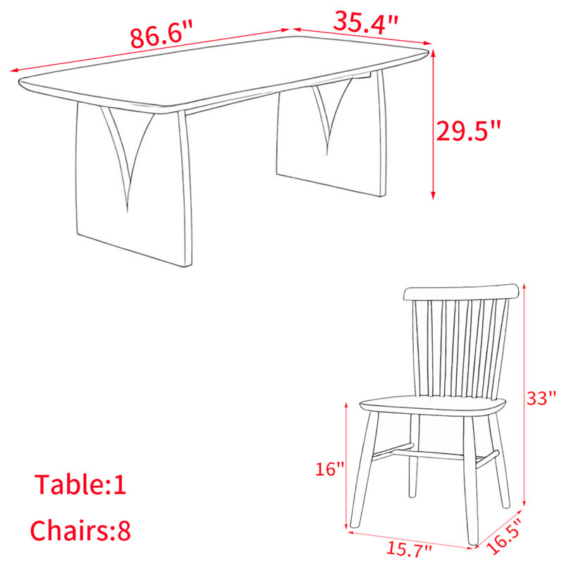 Ensemble de table de salle à manger rectangulaire moderne en bois massif, H 29,5 po x L 86,6 po x l 35,4 po