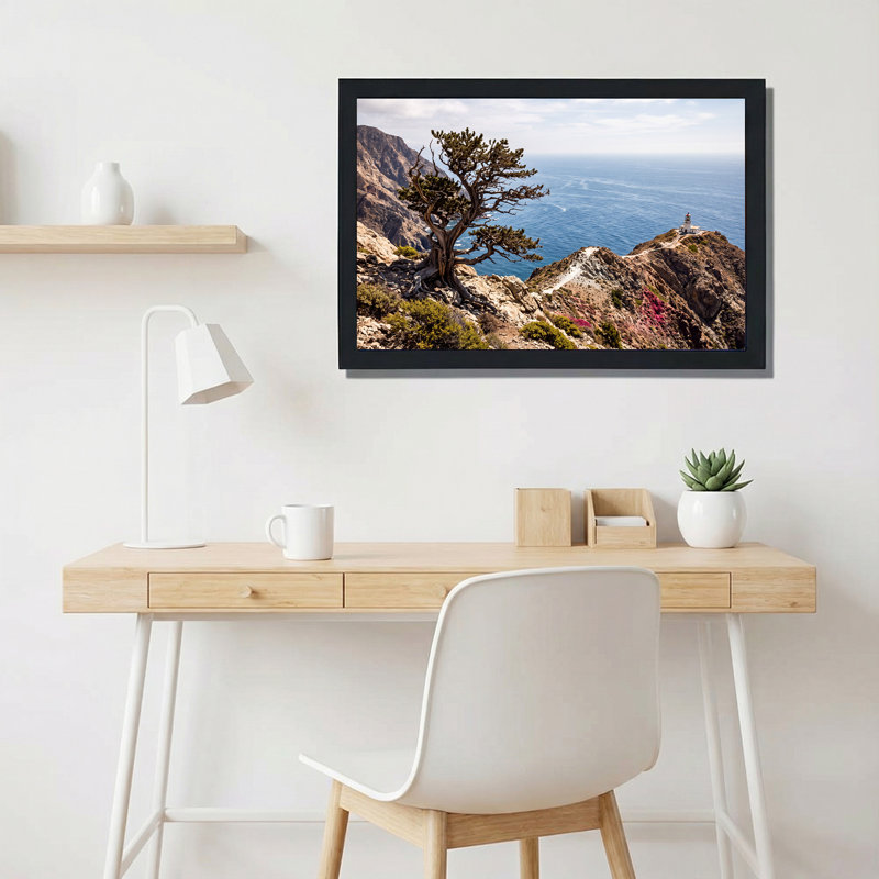 Art mural sur toile Windblown Tree and Lighthouse on Rocky Coast, 20"H x 30"W