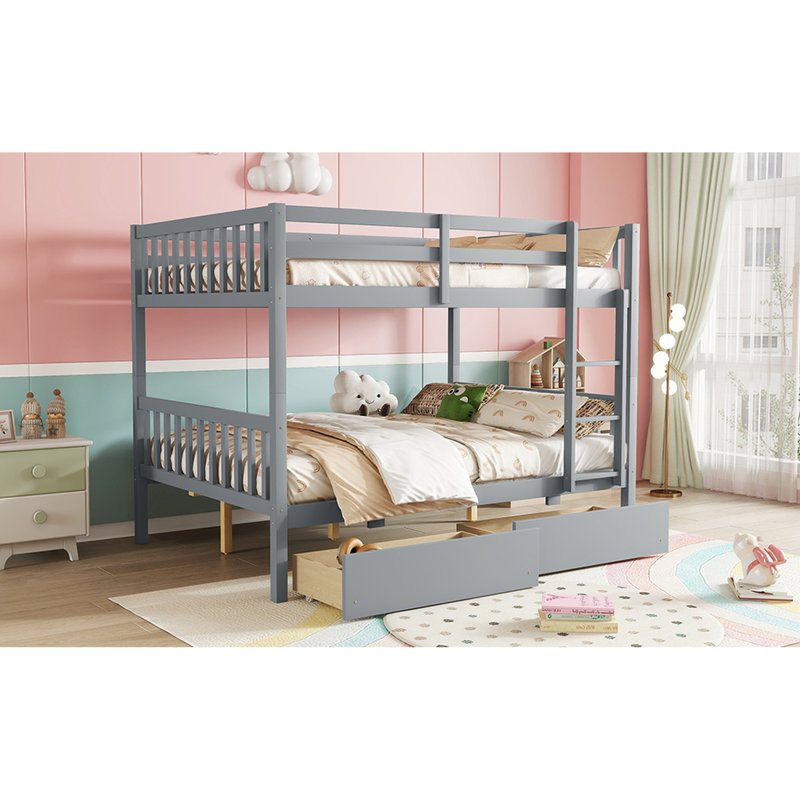 Lit superposé double au-dessus avec 2 tiroirs - Bois d'hévéa gris pour une chambre calme et lits amovibles avec cadre de rangement