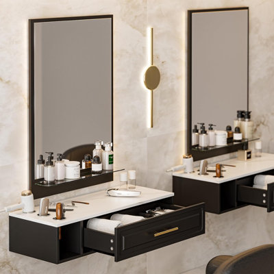 Station de salon murale avec miroir, station de style murale avec un tiroir, 3 supports pour sèche-cheveux et tablette en verre, équipement de beauté pour coiffeur (noir)