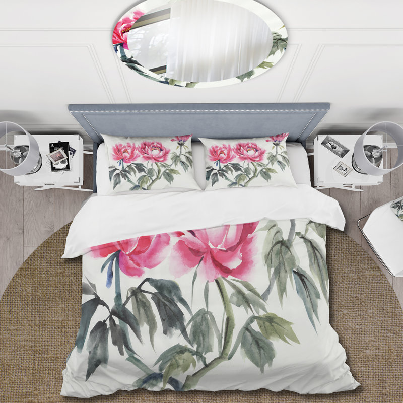 Ensemble de housse de couette Traditional - pivoines mauves rétro - microfibre de polyester