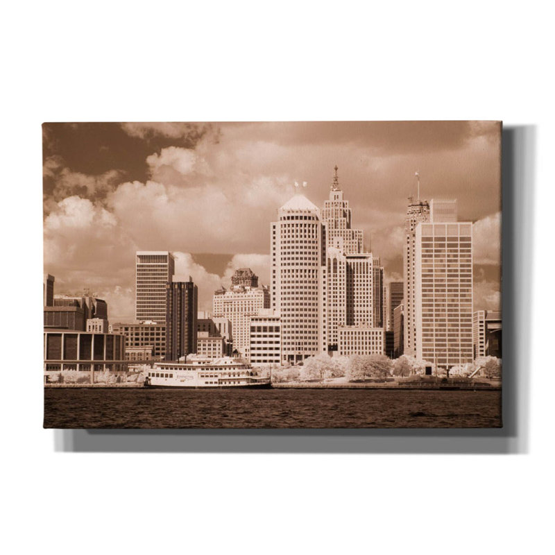 «Detroit Skyline, Michigan 07 on Canvas» par Monte Nagler, reproduction, H 40 po x l 60 po x P 1,5 po