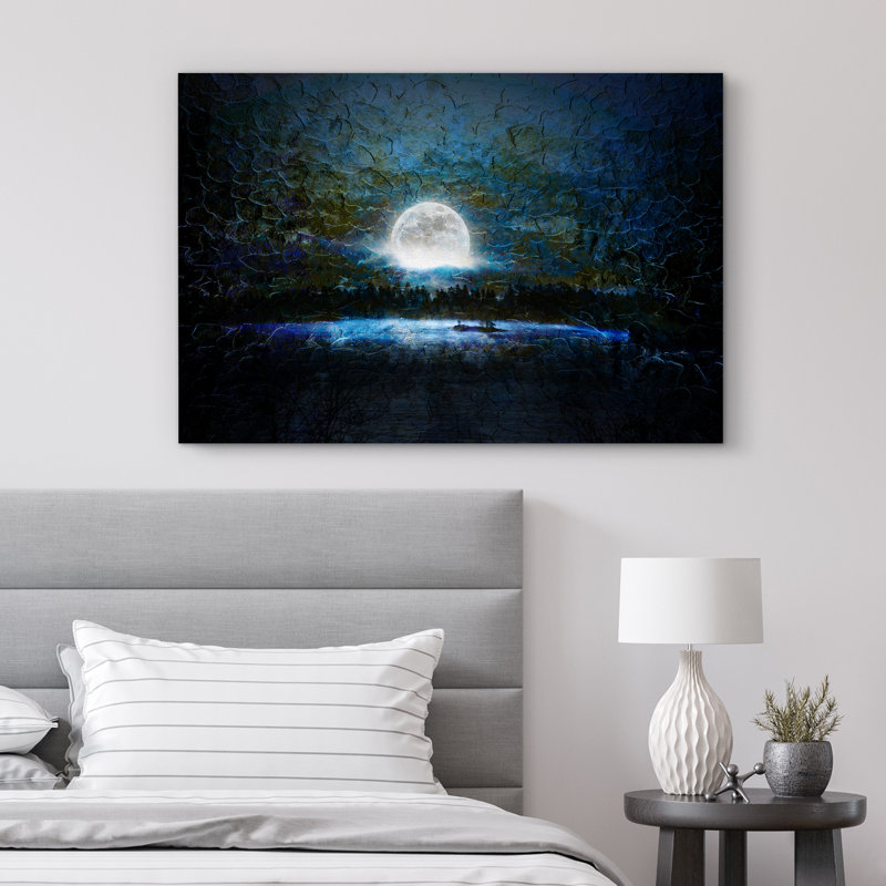 Pleine lune brillante sur fond bleu avec coups de pinceau, décoration intérieure, H 16 po x l 24 po x P 1,5 po