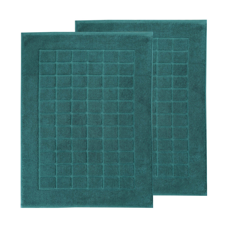 100% Cotton Thick & Absorbent Reversible Checkered Bath Mats - Set Of 2, Teal