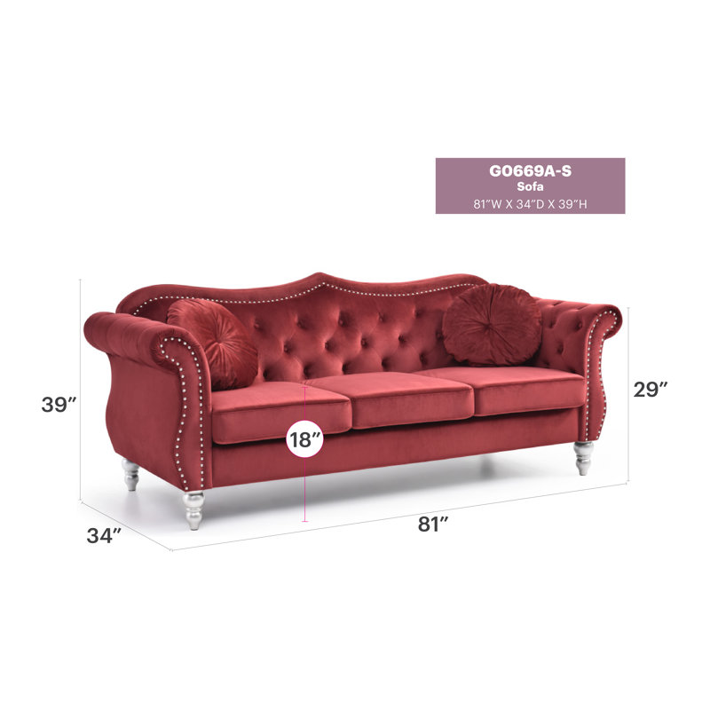Farney 82'' Velvet Sofa, Burgundy