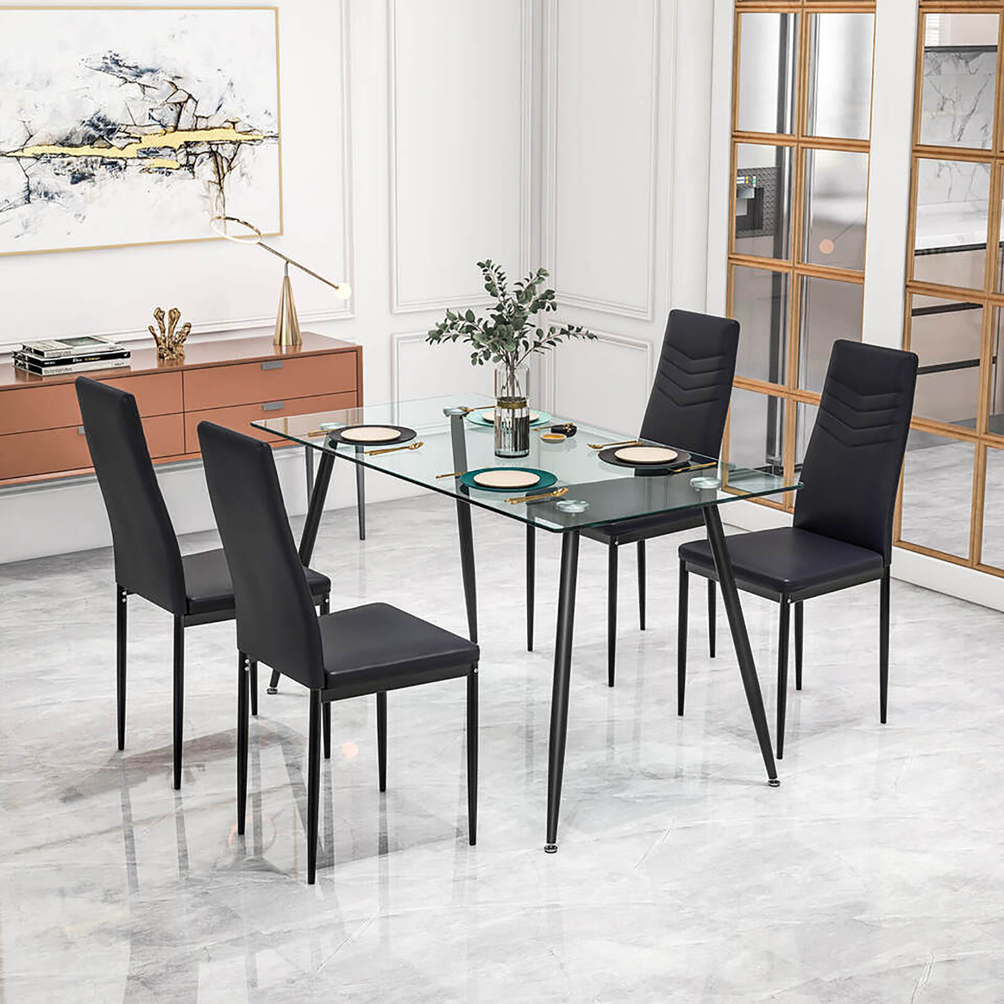 Ebern Designs 5 Pcs 51'' Rectangle Dining Set 0.3'' Thick Glass Table W ...