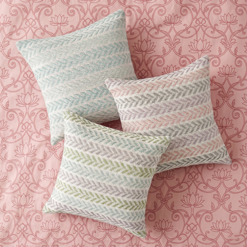 Ensemble de 2 coussins décoratifs en coton à chevrons tissés à la main, Rose / Lilas, Polyester/ bourre en polyester