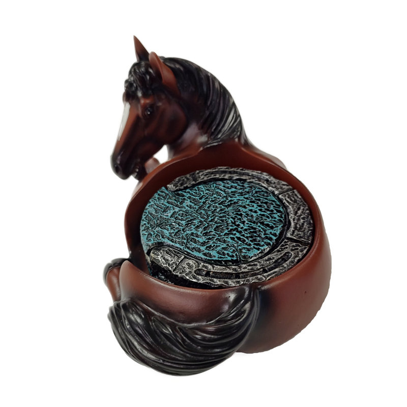 Ensemble de 4 pièces avec support décoratif en polyrésine, cheval brun et fer à cheval turquoise