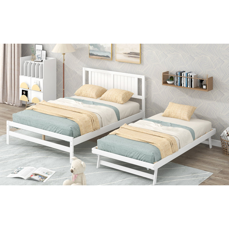 White Full Size Platform Bed With Adjustable Trundle - Constructed Quality Pine Wood And In Solid Construction For Maximum Support