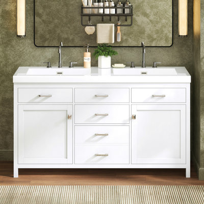 Meuble-lavabo 59,1 po avec lavabo en résine, portes et tiroirs à fermeture en douceur, poignées en métal, tiroir basculant, 2 portes d'armoire, tablette réglable, tiroir avec séparateur amovible, blanc