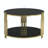 Modern Mirror Coffee Table, Asymmetrical Metal, Circular Metal Drum Base, Finish & Lower Shelf