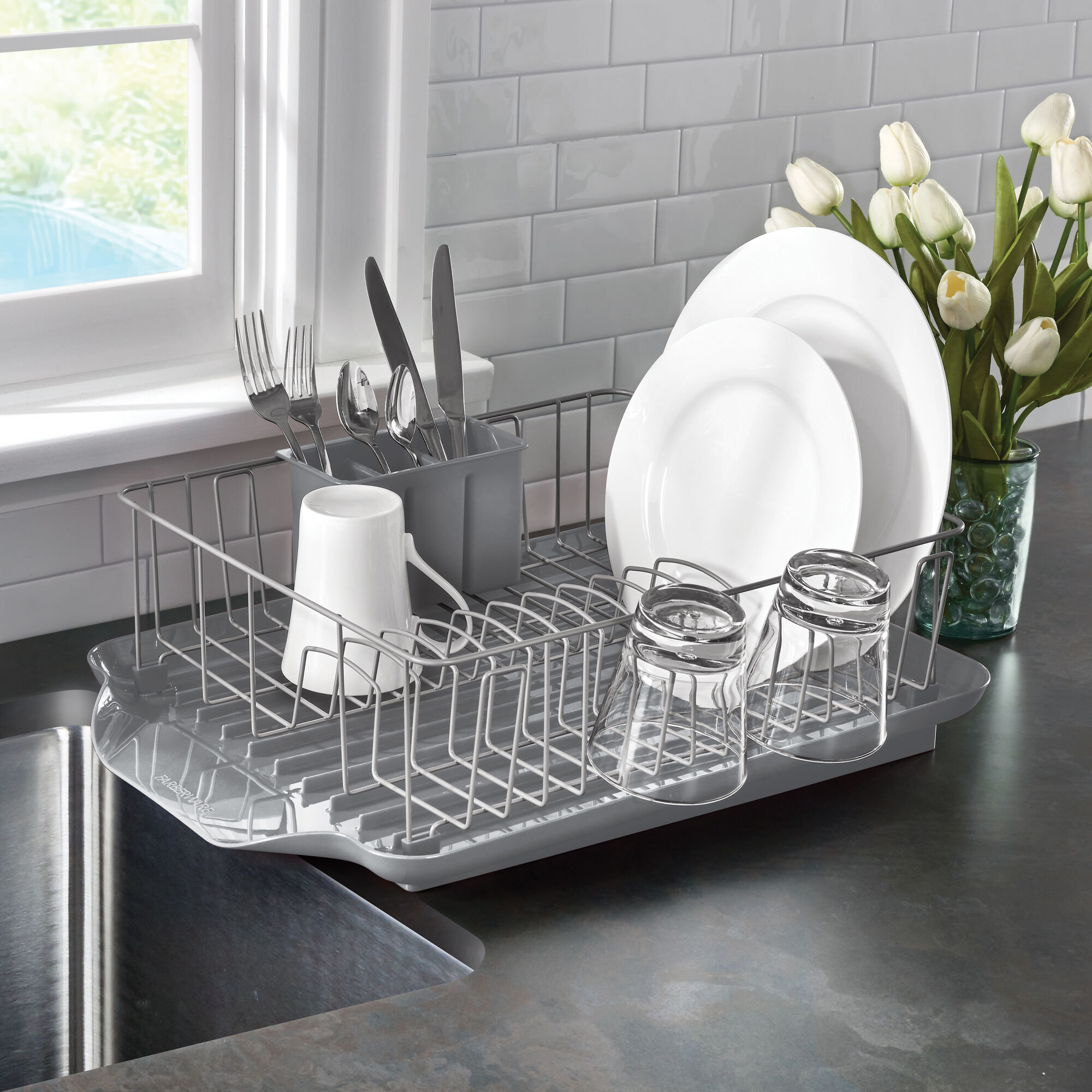 KitchenAid Large Capacity,Full Size, Rust Resistan Dish Rack with Self  Draining Angled Drain Board and Removable Flatware Caddy, Light Grey, Gray